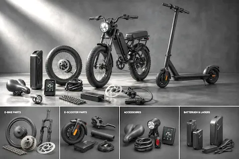 Mørkt studiofoto med fatbike, elsparkesykkel og løse deler som batteri, hjul, display og bremseskive