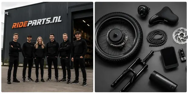 RideParts-teamet på seks medarbeidere foran RIDEPARTS.NL-lageret